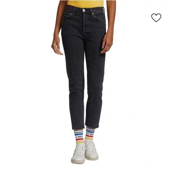 RE/DONE 90s High Rise Ankle Crop Jeans Black Stoned Noir Size 23 NWT - Picture 2 of 6